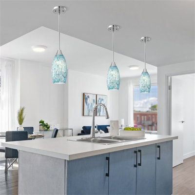 Brayden Studio® Adjustable Brushed Nickel Rod Blue Glass Pendant